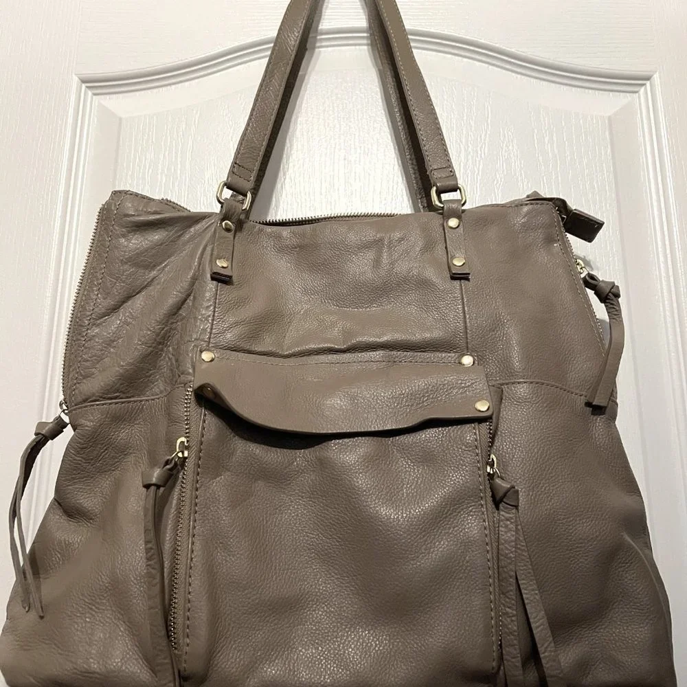 KOOBA Large Taupe Leather Purse-2 Straps-Soft-Gold-Purple Lining-Expands-Hobo